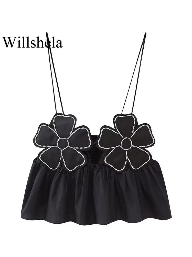 Willshela 여성용 꽃무늬 블랙 백리스 레이스 업 크롭 탑, 빈티지 얇은 스트랩 플리츠 여성 시크 레이디 크롭 탑, 패션